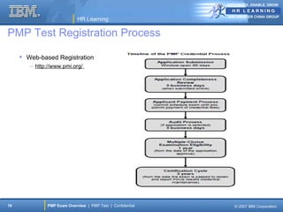 ANTICIPATE, ENABLE, GROW


                                                             IBM GREATER CHINA GROUP
                             HR Learning

PMP Test Registration Process

      Web-based Registration
        – http://www.pmi.org/




19             PMP Exam Overview | PMP Test | Confidential      © 2007 IBM Corporation
 