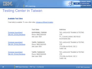 ANTICIPATE, ENABLE, GROW


                                                     IBM GREATER CHINA GROUP
                     HR Learning

Testing Center in Taiwan




26     PMP Exam Overview | PMP Test | Confidential      © 2007 IBM Corporation
 