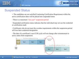 ANTICIPATE, ENABLE, GROW


                                                                                    IBM GREATER CHINA GROUP
                        HR Learning


     Suspended Status
         - The candidates are not satisfied Continuing Certification Requirement within the
         active certification dates will be placed into suspended status
         - There is a maximum “one year” suspension period
         - Suspended certification status indicates that the individual may not use the credential
         or certification mark
         - Certificants who do not meet the overdue requirements within the suspension period
         will lose their credential designation
         - The date of a certificant’s next CCR cycle will not change after reinstatement to
         active status from suspension




48        PMP Exam Overview | PMP Test | Confidential                                  © 2007 IBM Corporation
 