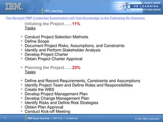 ANTICIPATE, ENABLE, GROW


                                                                                  IBM GREATER CHINA GROUP
                                HR Learning

    The Revised PMP Credential Examination will Test Knowledge in the Following Six Domains
             

                 Initiating the Project……11%
                 Tasks

                Conduct Project Selection Methods
                Define Scope
                Document Project Risks, Assumptions, and Constraints
                Identify and Perform Stakeholder Analysis
                Develop Project Charter
                Obtain Project Charter Approval

              Planning the Project……23%
               Tasks

                Define and Record Requirements, Constraints and Assumptions
                Identify Project Team and Define Roles and Responsibilities
                Create the WBS
                Develop Project Management Plan
                Develop Change Management Plan
                Identify Risks and Define Risk Strategies
                Obtain Plan Approval
                Conduct Kick-off Meeting
7                 PMP Exam Overview | PMP Test | Confidential                        © 2007 IBM Corporation
 