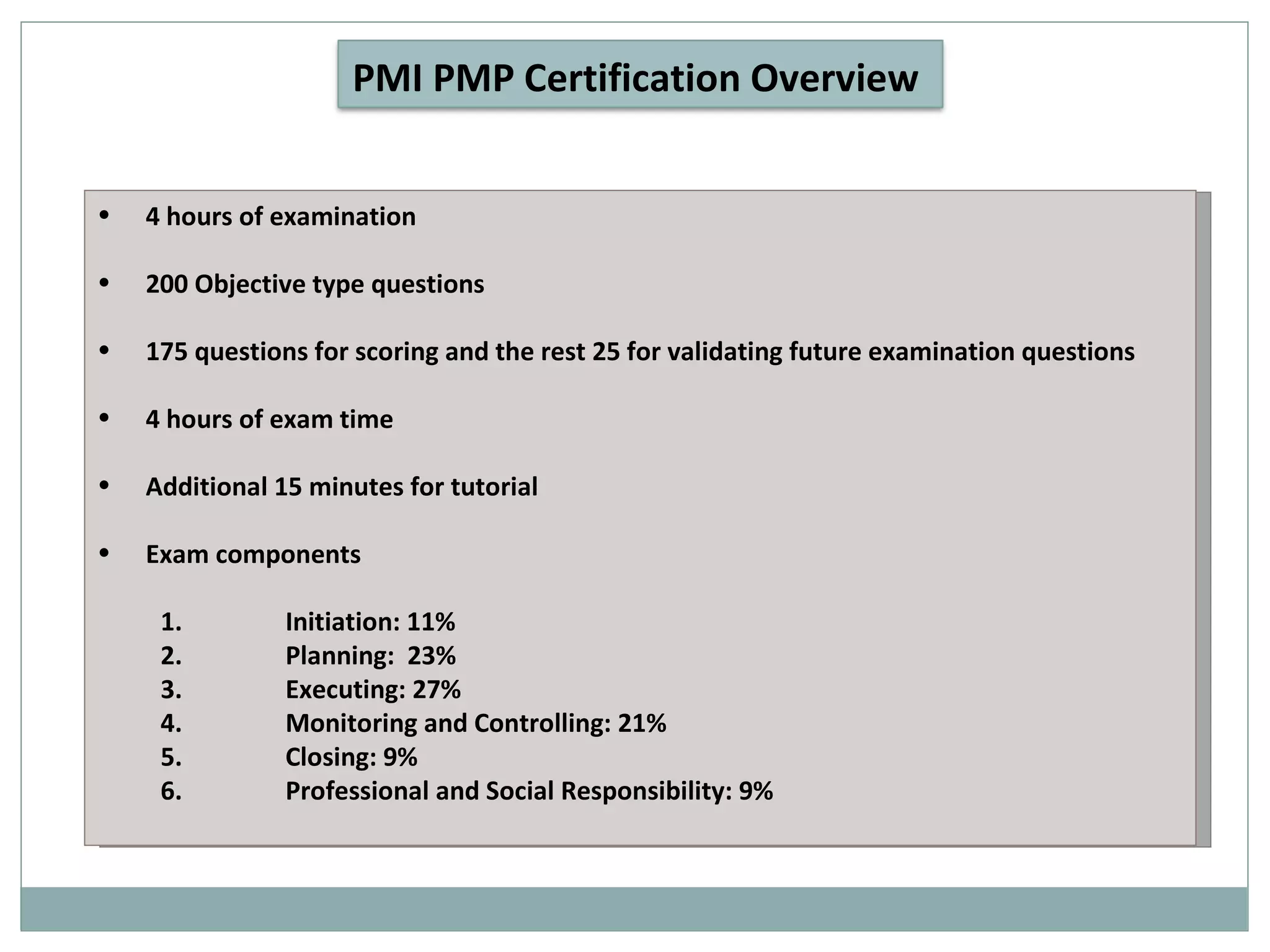 4 hours of examination 200 Objective type questions 175 questions for scoring and the rest 25 for validating future examination questions 4 hours of exam time Additional 15 minutes for tutorial Exam components Initiation: 11% Planning:  23% Executing: 27% Monitoring and Controlling: 21% Closing: 9% Professional and Social Responsibility: 9% PMI PMP Certification Overview 