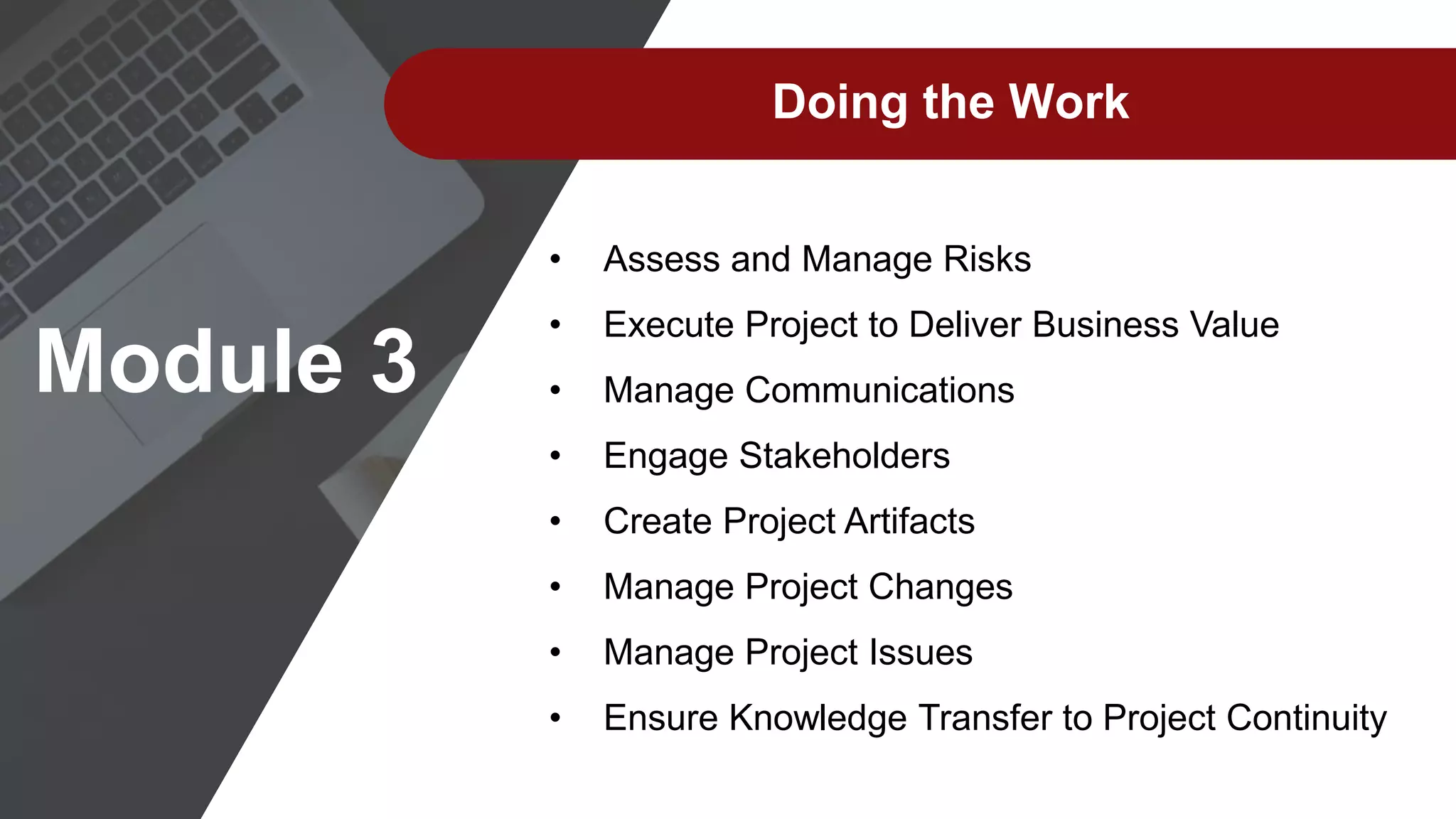 Doing the Work
• Assess and Manage Risks
• Execute Project to Deliver Business Value
• Manage Communications
• Engage Stakeholders
• Create Project Artifacts
• Manage Project Changes
• Manage Project Issues
• Ensure Knowledge Transfer to Project Continuity
Module 3
 