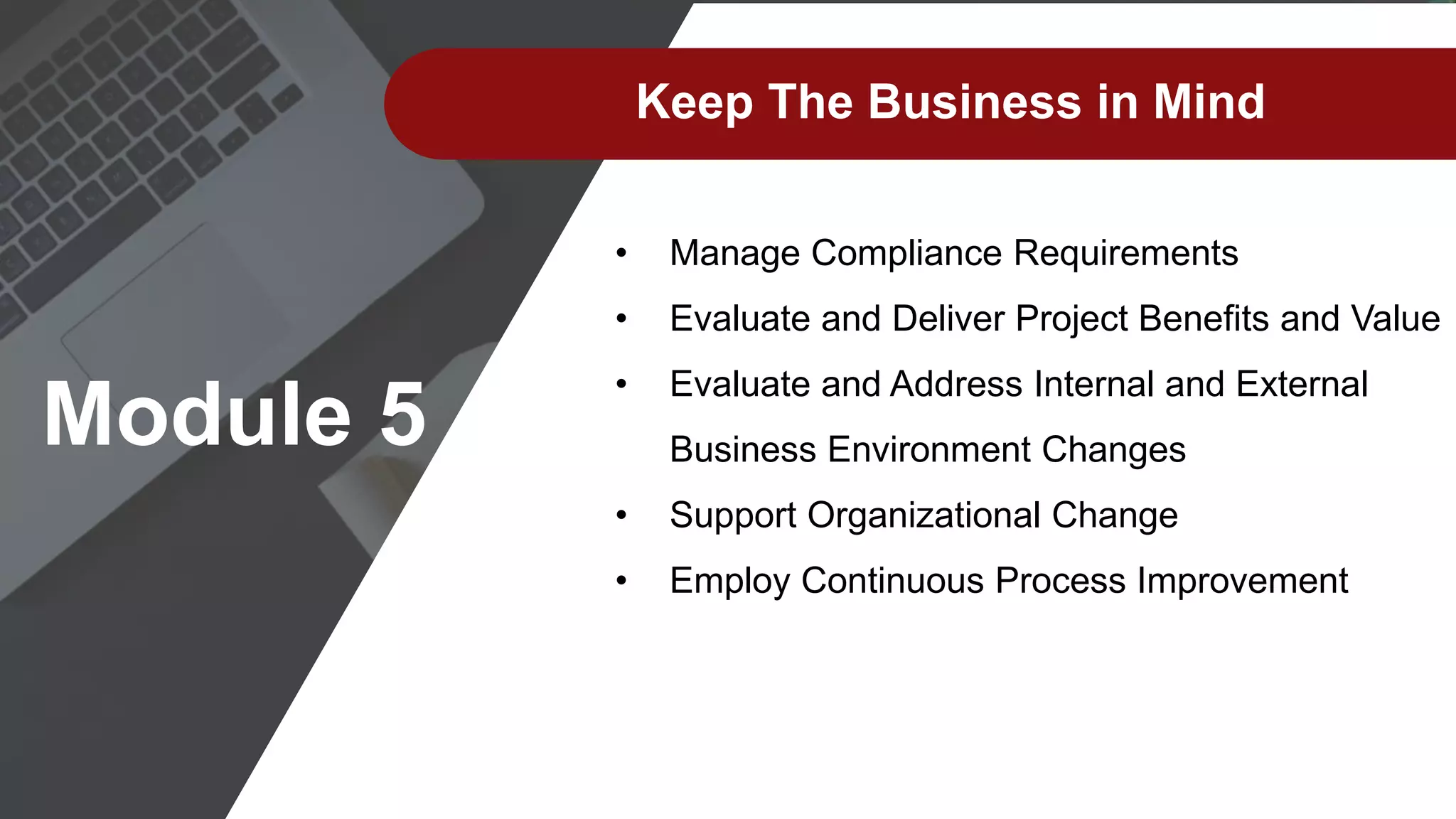 Keep The Business in Mind
• Manage Compliance Requirements
• Evaluate and Deliver Project Benefits and Value
• Evaluate and Address Internal and External
Business Environment Changes
• Support Organizational Change
• Employ Continuous Process Improvement
Module 5
 
