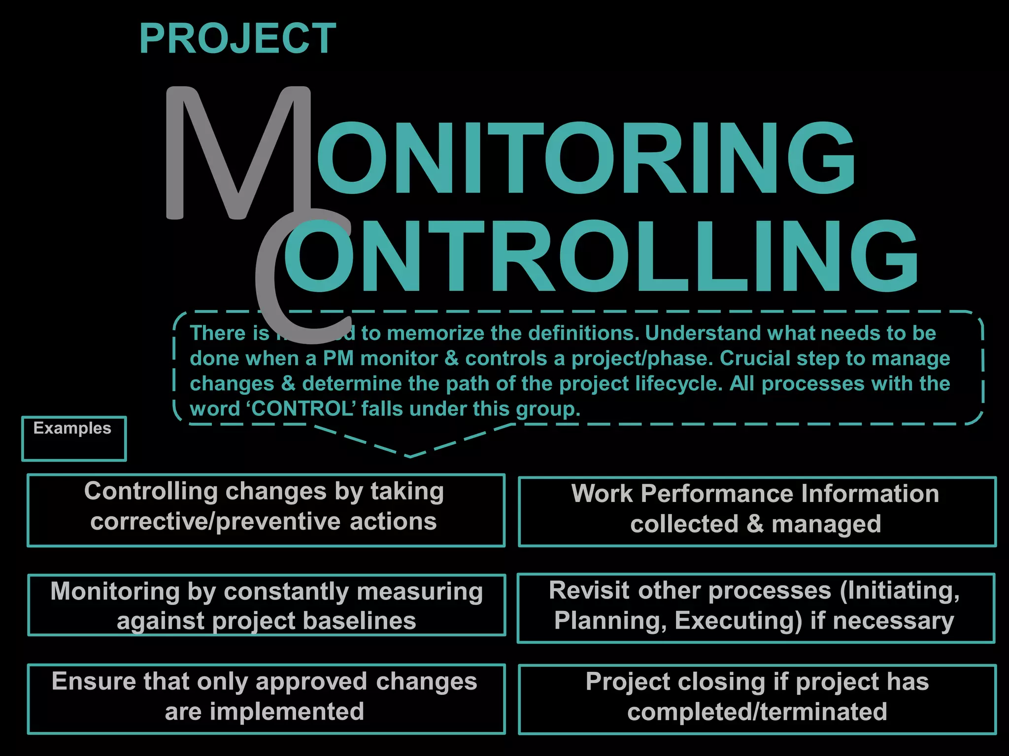 MONITORING
PROJECT
Controlling changes by taking
corrective/preventive actions
Monitoring by constantly measuring
against project baselines
Ensure that only approved changes
are implemented
Project closing if project has
completed/terminated
Work Performance Information
collected & managed
Revisit other processes (Initiating,
Planning, Executing) if necessary
There is no need to memorize the definitions. Understand what needs to be
done when a PM monitor & controls a project/phase. Crucial step to manage
changes & determine the path of the project lifecycle. All processes with the
word ‘CONTROL’ falls under this group.
C
ONTROLLING
Examples
 
