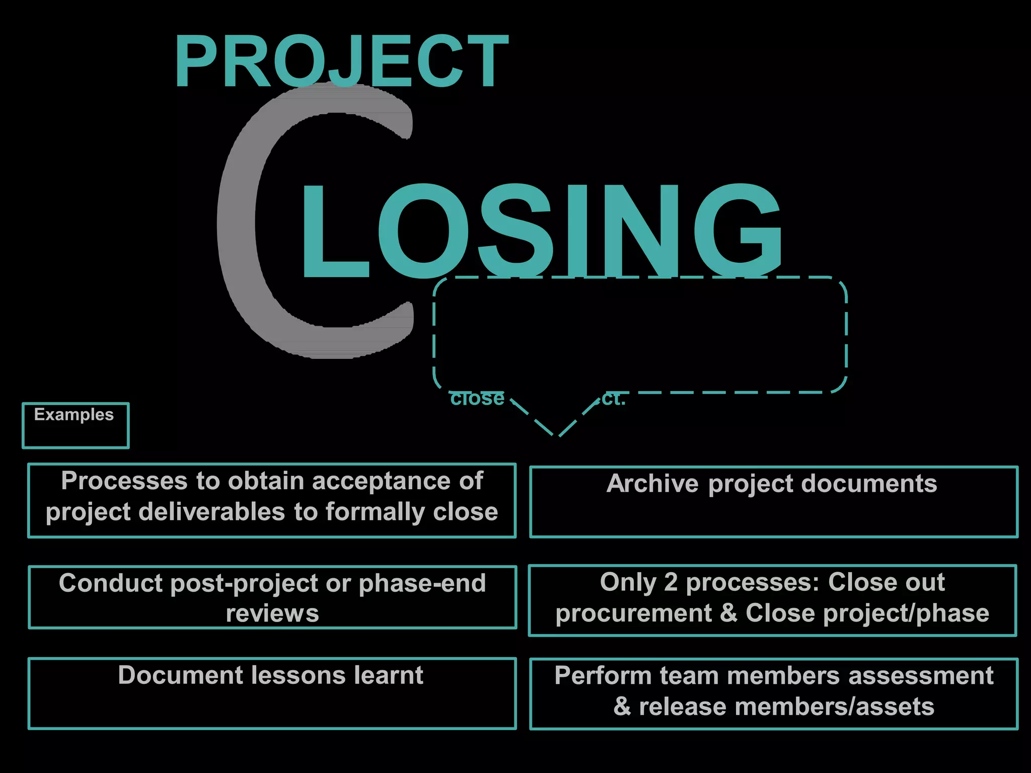 LOSING
There is no need to memorize the
definitions. Understand what needs
to be done to tie a nice ribbon to
close the project.
PROJECT
Processes to obtain acceptance of
project deliverables to formally close
Conduct post-project or phase-end
reviews
Document lessons learnt Perform team members assessment
& release members/assets
Archive project documents
Only 2 processes: Close out
procurement & Close project/phase
Examples
 