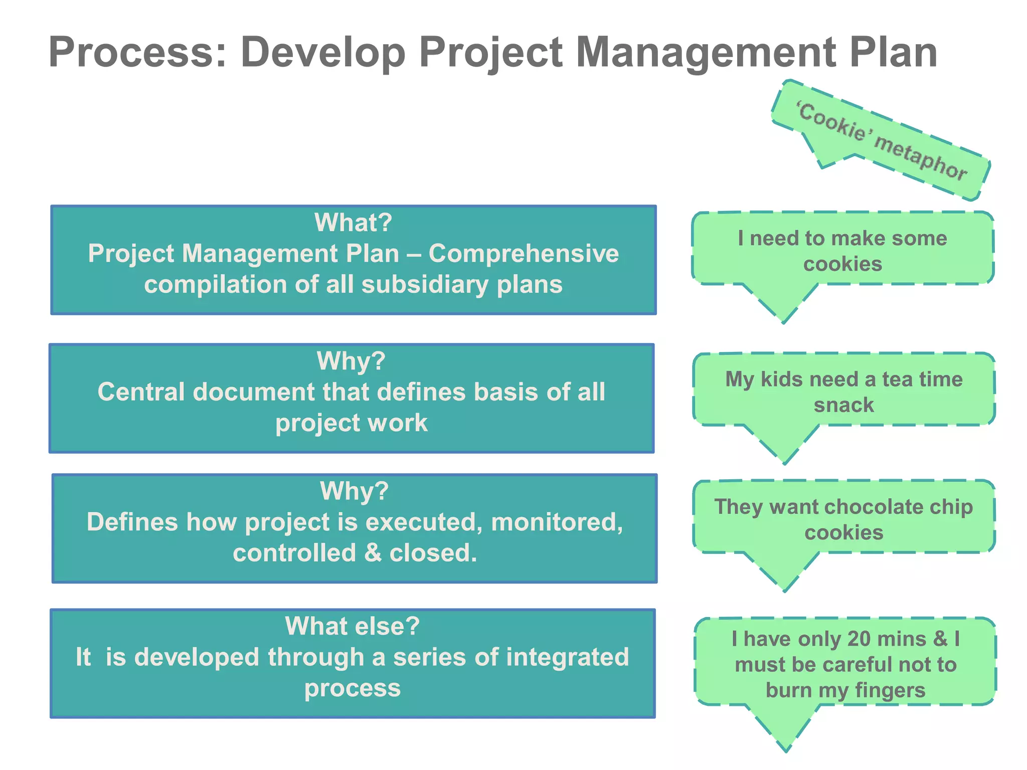 Process: Develop Project Management Plan
What?
Project Management Plan – Comprehensive
compilation of all subsidiary plans
Why?
Central document that defines basis of all
project work
I need to make some
cookies
My kids need a tea time
snack
Why?
Defines how project is executed, monitored,
controlled & closed.
What else?
It is developed through a series of integrated
process
They want chocolate chip
cookies
I have only 20 mins & I
must be careful not to
burn my fingers
 