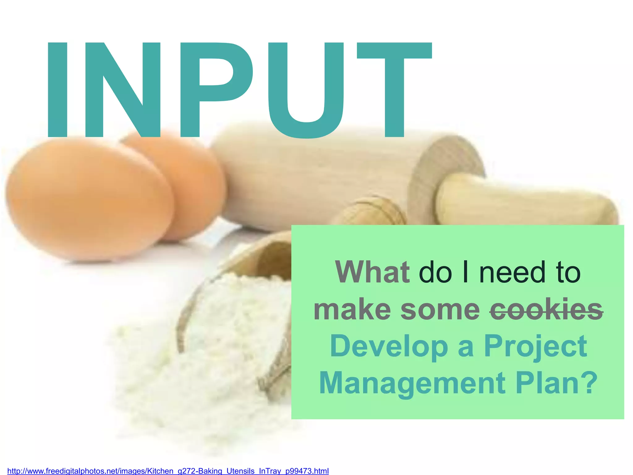 http://www.freedigitalphotos.net/images/Kitchen_g272-Baking_Utensils_InTray_p99473.html
INPUT
What do I need to
make some cookies
Develop a Project
Management Plan?
 
