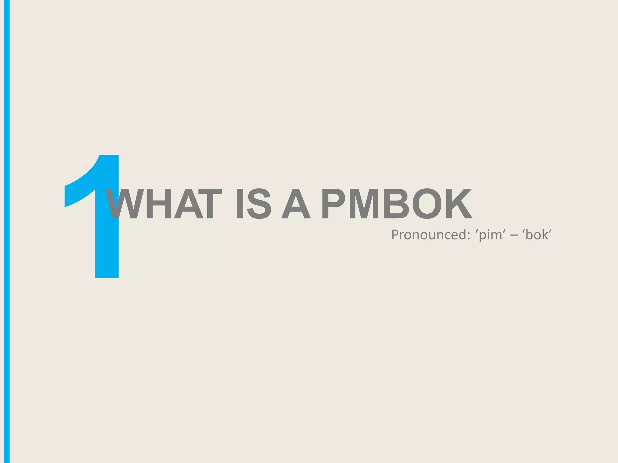 1
WHAT IS A PMBOK
Pronounced: ‘pim’ – ‘bok’
 