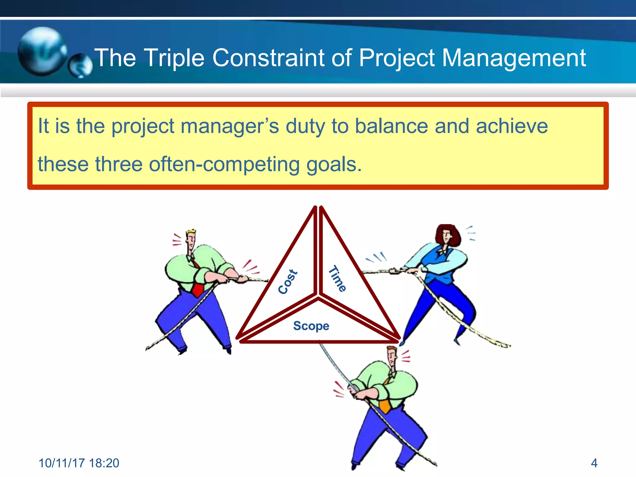 The Triple Constraint of Project Management
Scope
10/11/17 18:20 4
It is the project manager’s duty to balance and achieve
these three often-competing goals.
 