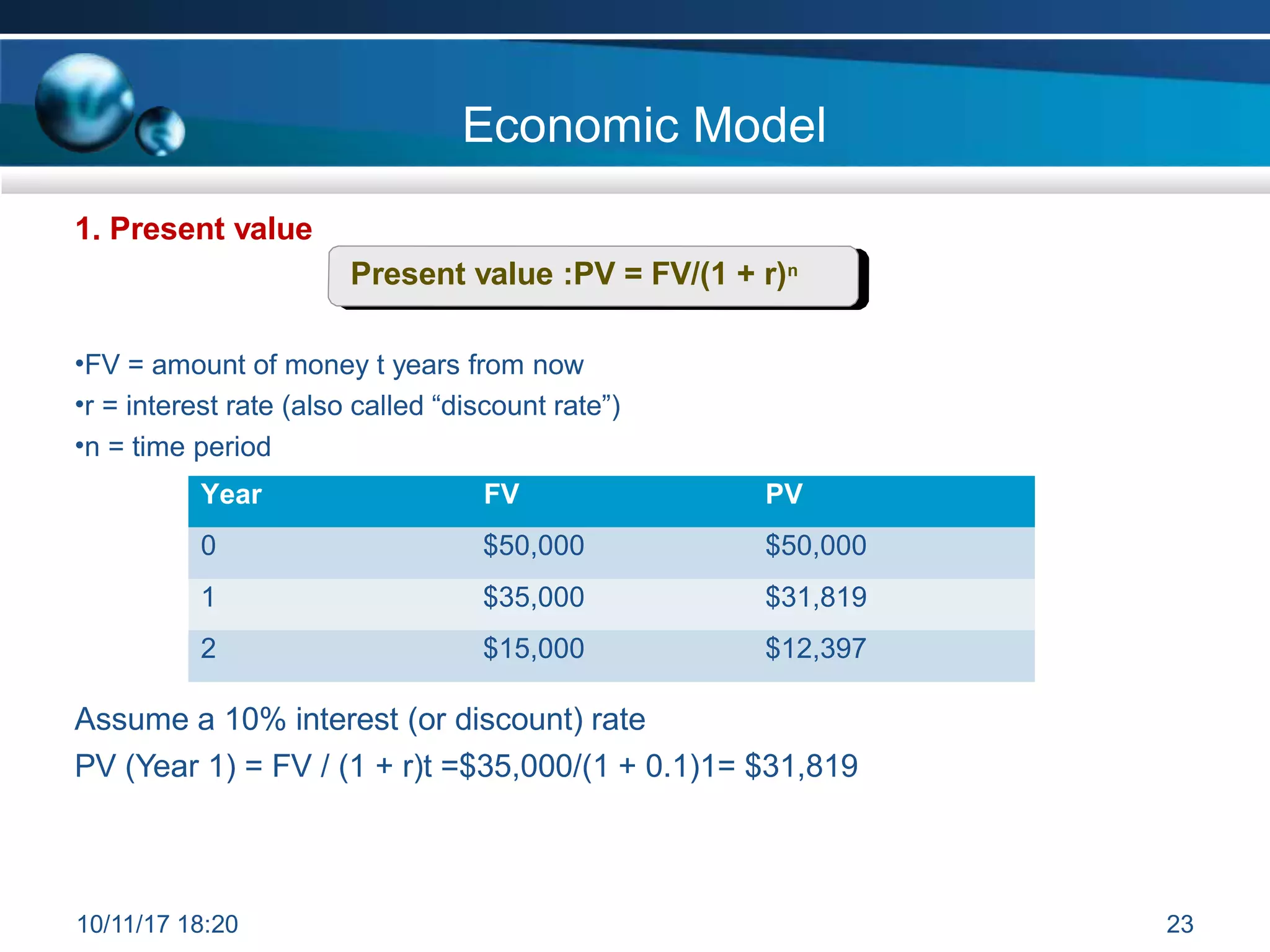 1. Present value
Present value :PV = FV/(1 + r)n
•FV = amount of money t years from now
•r = interest rate (also called “discount rate”)
•n = time period
Assume a 10% interest (or discount) rate
PV (Year 1) = FV / (1 + r)t =$35,000/(1 + 0.1)1= $31,819
Economic Model
10/11/17 18:20 23
Year FV PV
0 $50,000 $50,000
1 $35,000 $31,819
2 $15,000 $12,397
 
