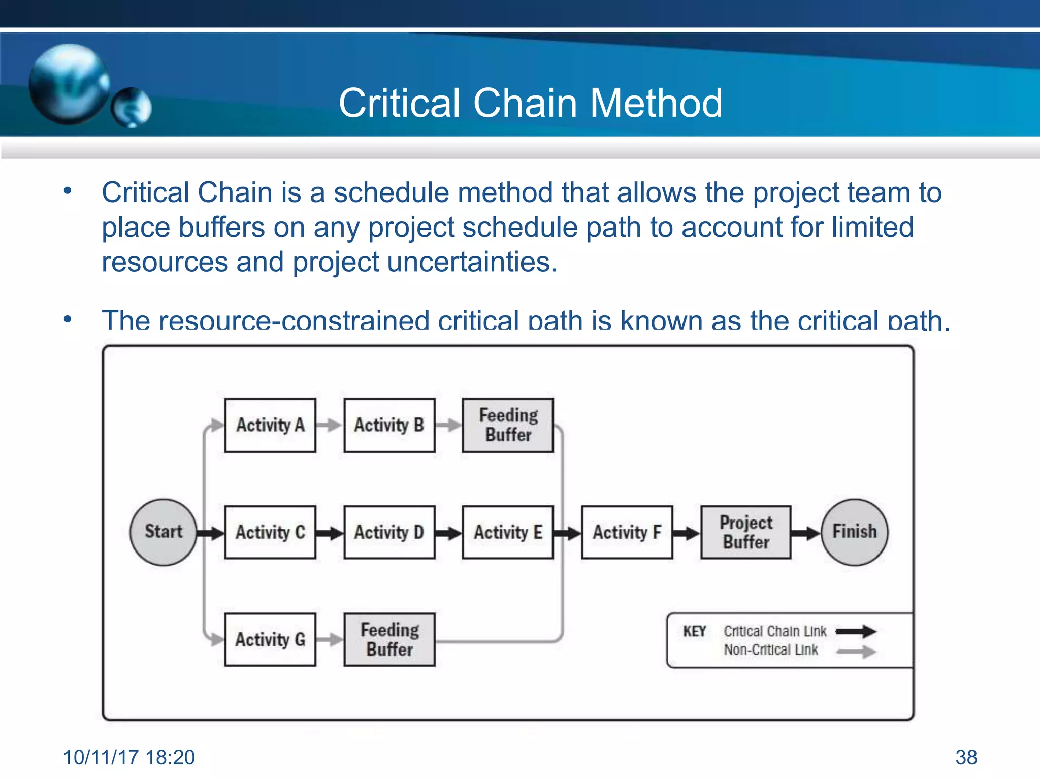 Critical Chain Method
• Critical Chain is a schedule method that allows the project team to
place buffers on any project schedule path to account for limited
resources and project uncertainties.
• The resource-constrained critical path is known as the critical path.
10/11/17 18:20 38
 
