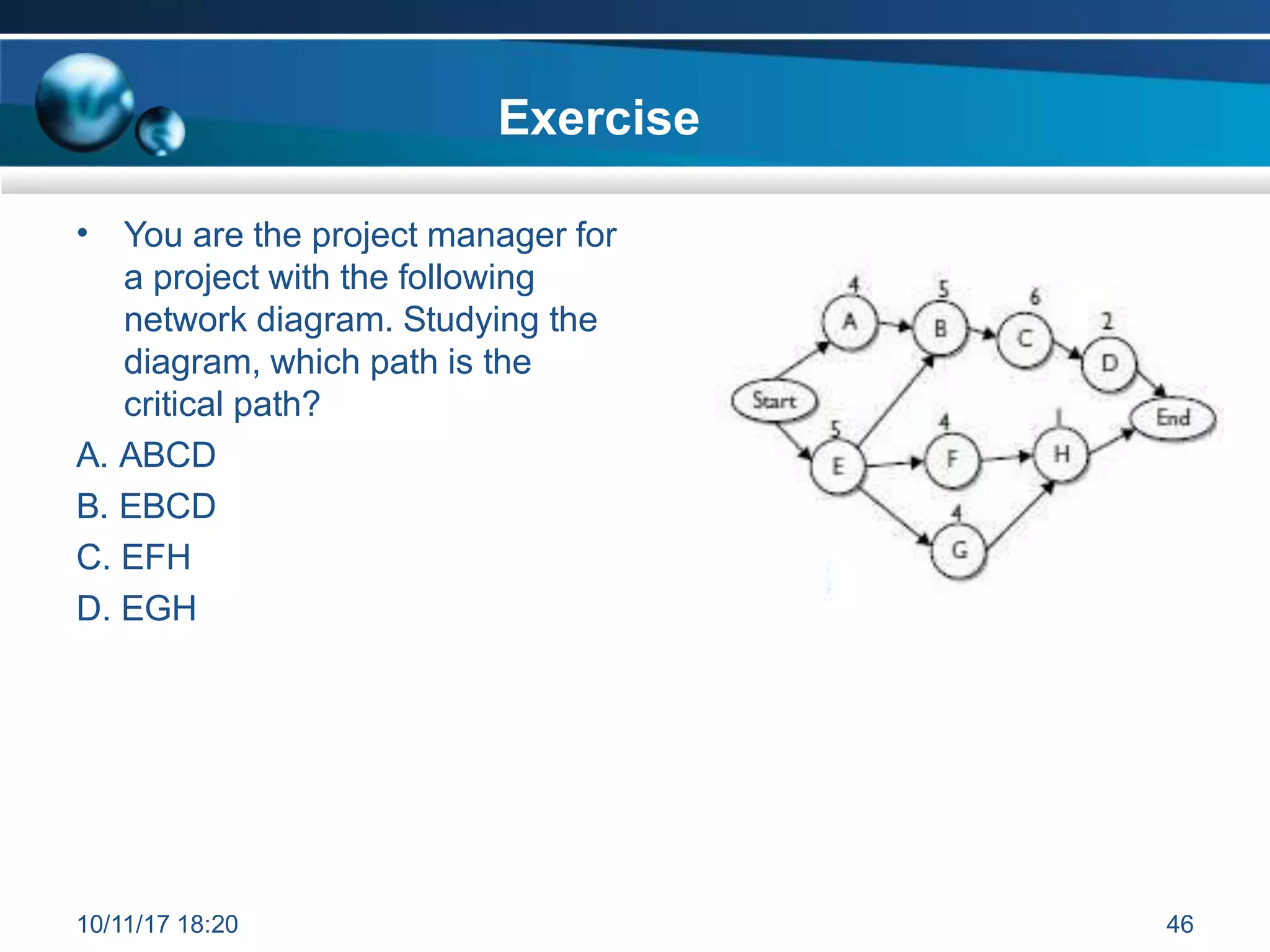 • You are the project manager for
a project with the following
network diagram. Studying the
diagram, which path is the
critical path?
A. ABCD
B. EBCD
C. EFH
D. EGH
10/11/17 18:20 46
Exercise
 