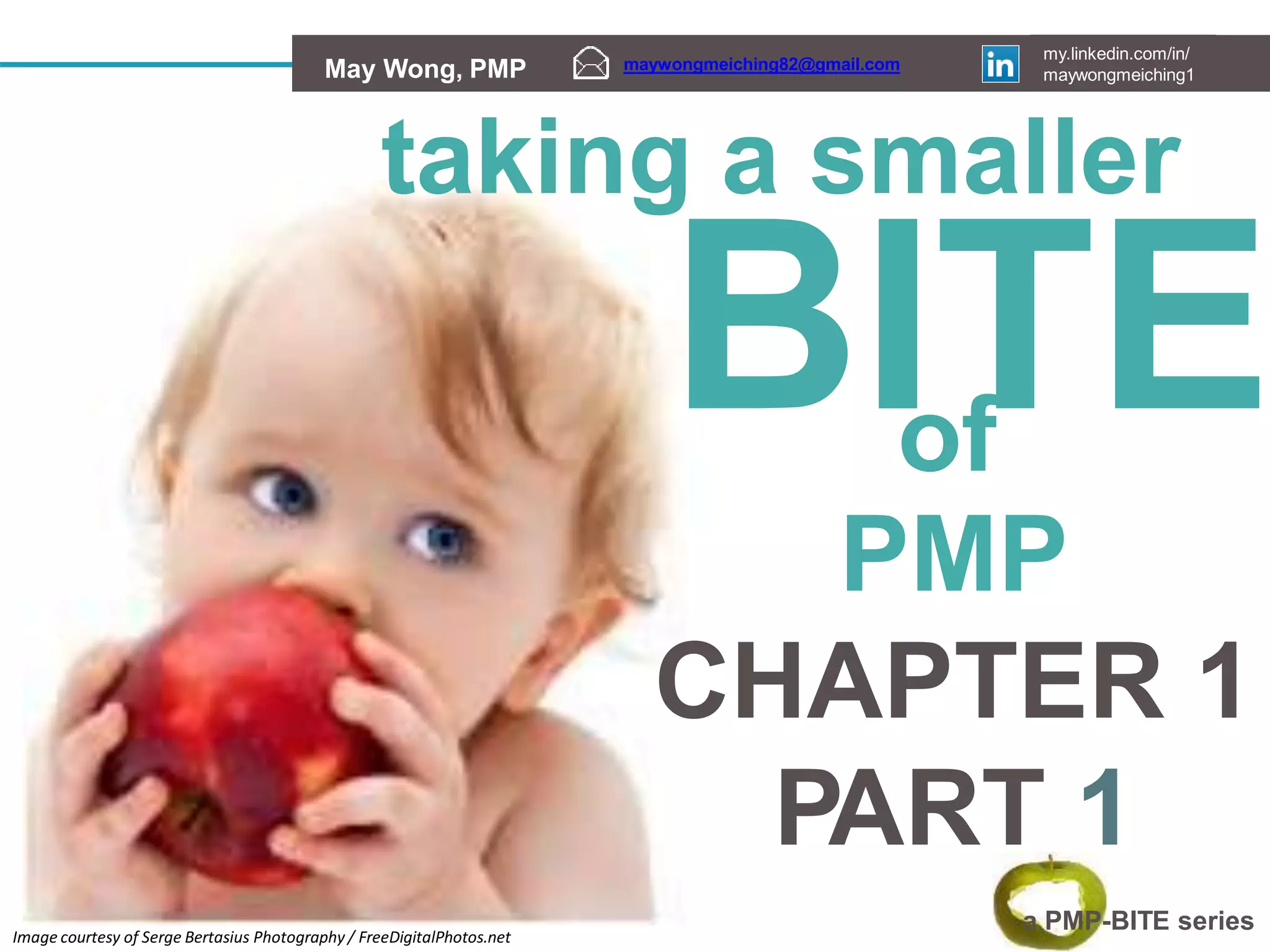 maywongmeiching82@gmail.com
my.linkedin.com/in/
maywongmeiching1
May Wong, PMP
taking a smaller
Image courtesy of Serge Bertasius Photography / FreeDigitalPhotos.net
BITE
of
PMP
CHAPTER 1
PART 1
a PMP-BITE series
 