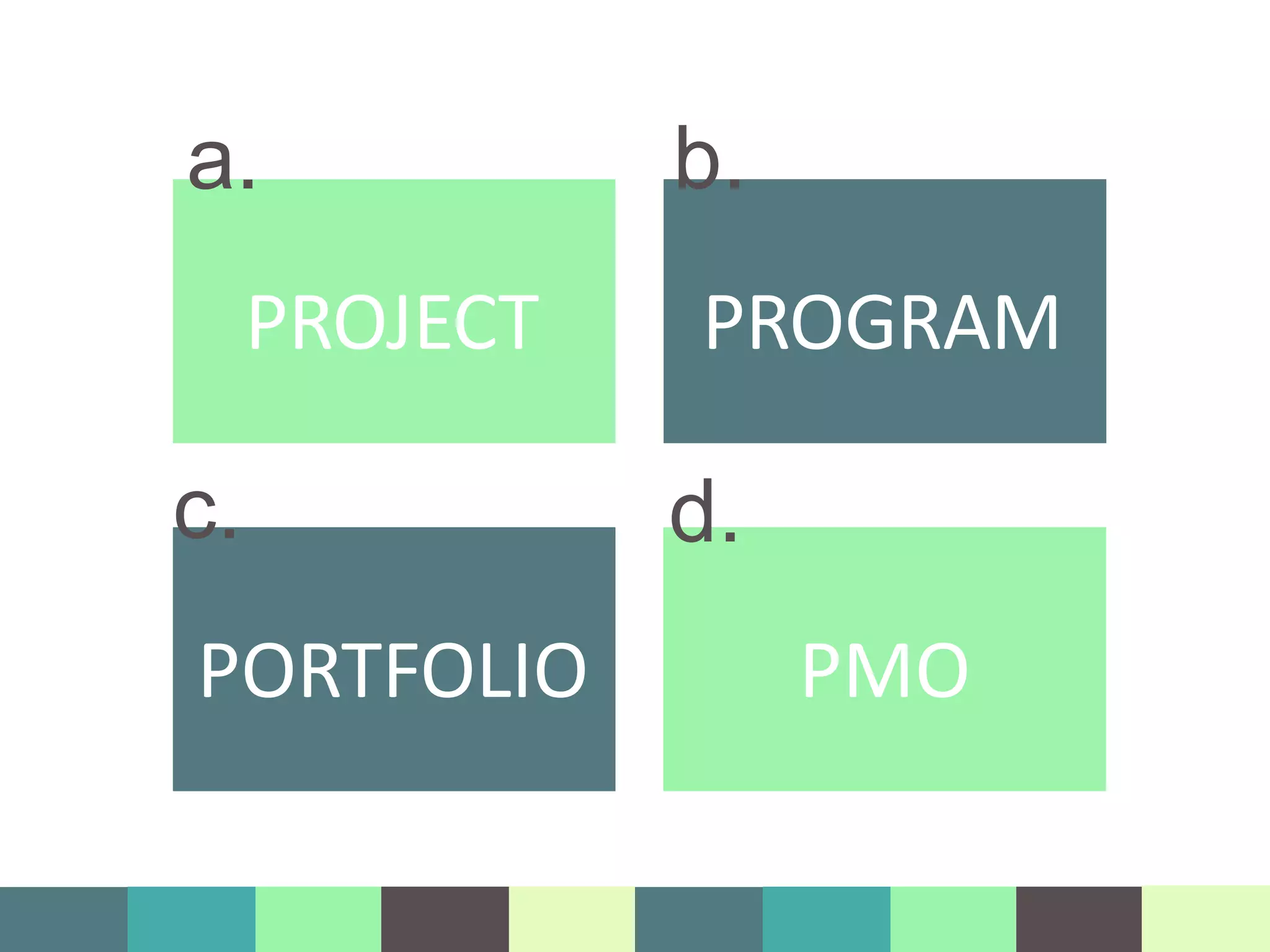 PROJECT PROGRAM
PORTFOLIO PMO
a. b.
c. d.
 
