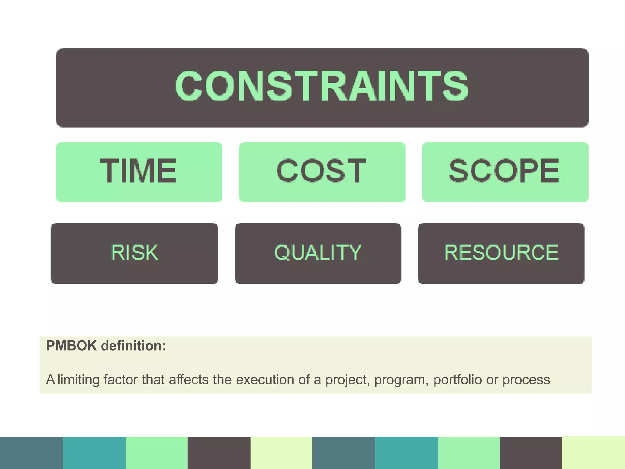PMBOK definition:
A limiting factor that affects the execution of a project, program, portfolio or process
 