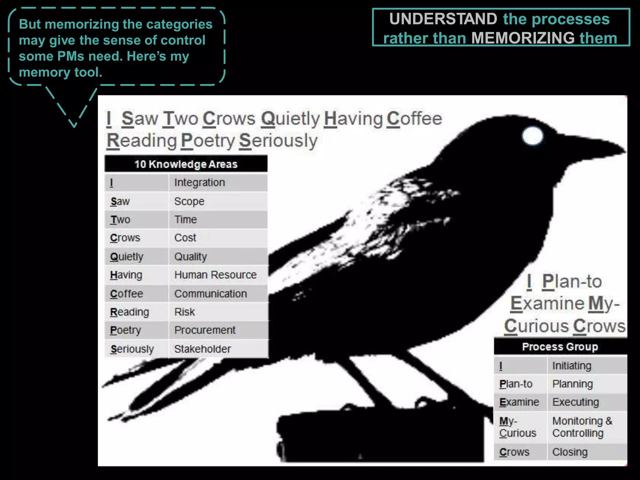 UNDERSTAND the processes
rather than MEMORIZING them
But memorizing the categories
may give the sense of control
some PMs need. Here’s my
memory tool.
 