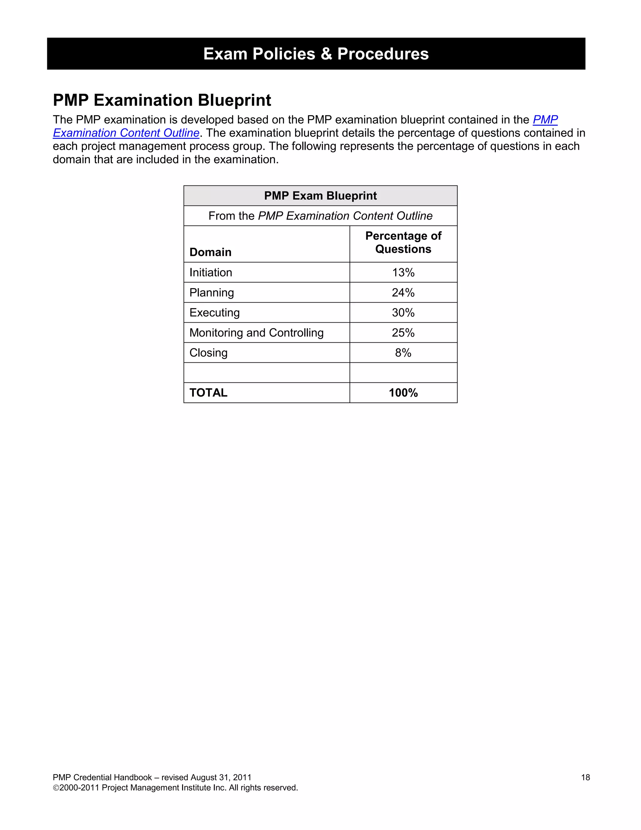 Exam Policies & Procedures

PMP Examination Blueprint
The PMP examination is developed based on the PMP examination blueprint contained in the PMP
Examination Content Outline. The examination blueprint details the percentage of questions contained in
each project management process group. The following represents the percentage of questions in each
domain that are included in the examination.


                                                       PMP Exam Blueprint
                                         From the PMP Examination Content Outline
                                                                       Percentage of
                                    Domain                              Questions

                                    Initiation                              13%
                                    Planning                                24%
                                    Executing                               30%
                                    Monitoring and Controlling              25%
                                    Closing                                 8%


                                    TOTAL                                   100%




PMP Credential Handbook – revised August 31, 2011                                                     18
2000-2011 Project Management Institute Inc. All rights reserved.
 