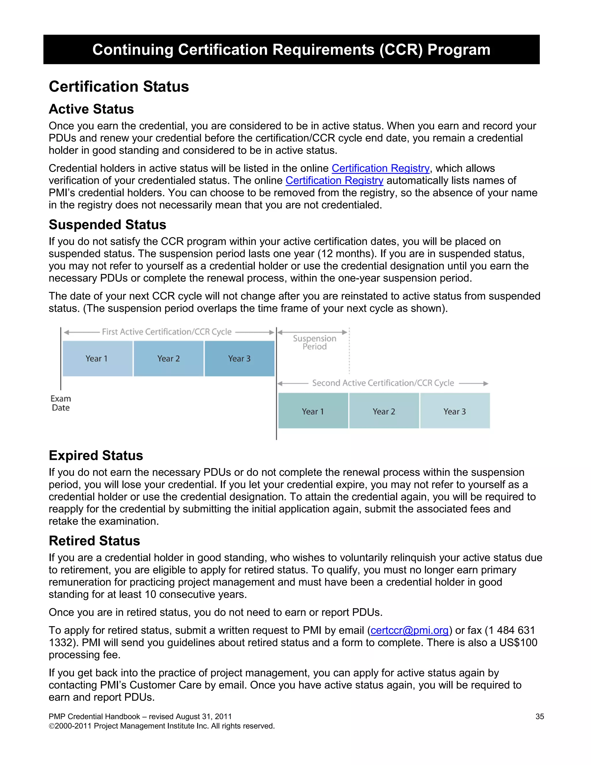 Continuing Certification Requirements (CCR) Program

Certification Status
Active Status
Once you earn the credential, you are considered to be in active status. When you earn and record your
PDUs and renew your credential before the certification/CCR cycle end date, you remain a credential
holder in good standing and considered to be in active status.
Credential holders in active status will be listed in the online Certification Registry, which allows
verification of your credentialed status. The online Certification Registry automatically lists names of
PMI’s credential holders. You can choose to be removed from the registry, so the absence of your name
in the registry does not necessarily mean that you are not credentialed.
Suspended Status
If you do not satisfy the CCR program within your active certification dates, you will be placed on
suspended status. The suspension period lasts one year (12 months). If you are in suspended status,
you may not refer to yourself as a credential holder or use the credential designation until you earn the
necessary PDUs or complete the renewal process, within the one-year suspension period.
The date of your next CCR cycle will not change after you are reinstated to active status from suspended
status. (The suspension period overlaps the time frame of your next cycle as shown).




Expired Status
If you do not earn the necessary PDUs or do not complete the renewal process within the suspension
period, you will lose your credential. If you let your credential expire, you may not refer to yourself as a
credential holder or use the credential designation. To attain the credential again, you will be required to
reapply for the credential by submitting the initial application again, submit the associated fees and
retake the examination.
Retired Status
If you are a credential holder in good standing, who wishes to voluntarily relinquish your active status due
to retirement, you are eligible to apply for retired status. To qualify, you must no longer earn primary
remuneration for practicing project management and must have been a credential holder in good
standing for at least 10 consecutive years.
Once you are in retired status, you do not need to earn or report PDUs.
To apply for retired status, submit a written request to PMI by email (certccr@pmi.org) or fax (1 484 631
1332). PMI will send you guidelines about retired status and a form to complete. There is also a US$100
processing fee.
If you get back into the practice of project management, you can apply for active status again by
contacting PMI’s Customer Care by email. Once you have active status again, you will be required to
earn and report PDUs.
PMP Credential Handbook – revised August 31, 2011                                                           35
2000-2011 Project Management Institute Inc. All rights reserved.
 