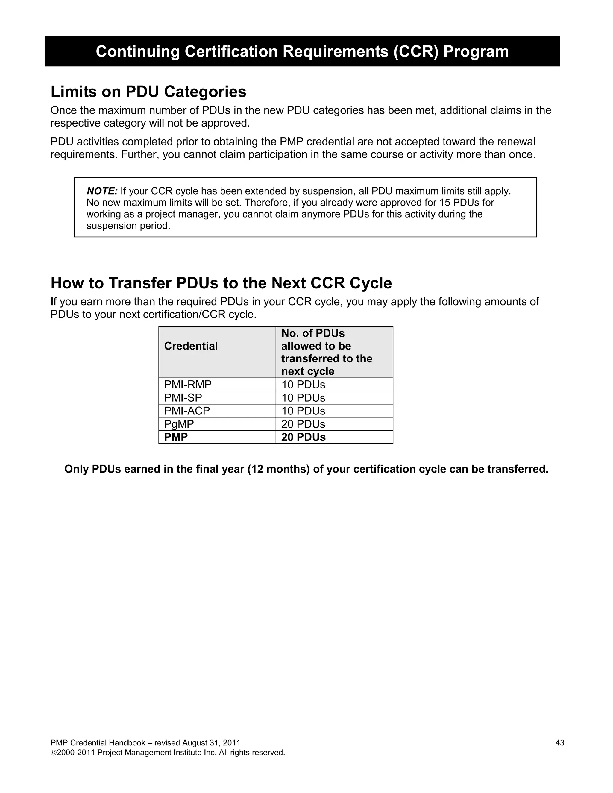 Continuing Certification Requirements (CCR) Program

Limits on PDU Categories
Once the maximum number of PDUs in the new PDU categories has been met, additional claims in the
respective category will not be approved.
PDU activities completed prior to obtaining the PMP credential are not accepted toward the renewal
requirements. Further, you cannot claim participation in the same course or activity more than once.


         NOTE: If your CCR cycle has been extended by suspension, all PDU maximum limits still apply.
         No new maximum limits will be set. Therefore, if you already were approved for 15 PDUs for
         working as a project manager, you cannot claim anymore PDUs for this activity during the
         suspension period.




How to Transfer PDUs to the Next CCR Cycle
If you earn more than the required PDUs in your CCR cycle, you may apply the following amounts of
PDUs to your next certification/CCR cycle.
                                                               No. of PDUs
                               Credential                      allowed to be
                                                               transferred to the
                                                               next cycle
                               PMI-RMP                         10 PDUs
                               PMI-SP                          10 PDUs
                               PMI-ACP                         10 PDUs
                               PgMP                            20 PDUs
                               PMP                             20 PDUs

   Only PDUs earned in the final year (12 months) of your certification cycle can be transferred.




PMP Credential Handbook – revised August 31, 2011                                                       43
2000-2011 Project Management Institute Inc. All rights reserved.
 