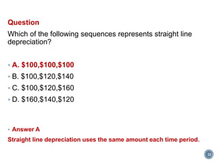 Question
Which of the following sequences represents straight line
depreciation?
 A. $100,$100,$100
 B. $100,$120,$140
 C. $100,$120,$160
 D. $160,$140,$120
 Answer A
Straight line depreciation uses the same amount each time period.
22
 