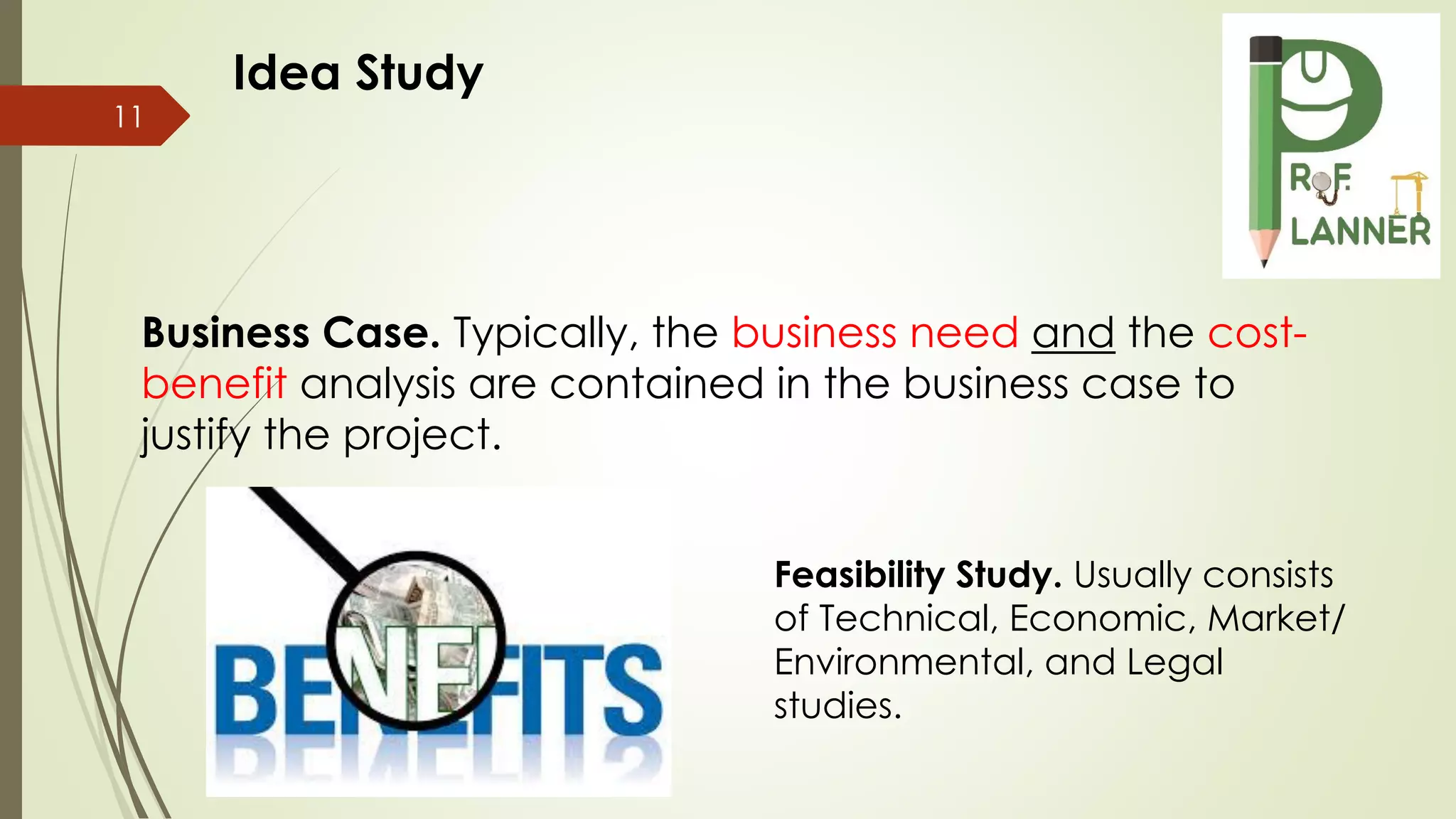 11
Business Case. Typically, the business need and the cost-
benefit analysis are contained in the business case to
justify the project.
Feasibility Study. Usually consists
of Technical, Economic, Market/
Environmental, and Legal
studies.
Idea Study
 