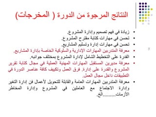 14
‫من‬ ‫المرجوة‬ ‫النتائج‬‫الدورة‬(‫المخرجات‬)
•‫زيادة‬‫ف‬‫ي‬‫فهم‬‫تصميم‬‫و‬‫إدارة‬‫المشروع‬.
•‫تحسن‬‫ف‬‫ي‬‫مهارات‬‫كتابة‬‫مقترح‬‫المش‬‫روع‬.
•‫تحسن‬‫ف‬‫ي‬‫مهارات‬‫إدارة‬‫وتسليم‬‫المشاريع‬.
•‫معرفة‬‫المتدربين‬‫المهارات‬‫اإلدارية‬‫والسلوكية‬‫الخاصة‬‫بإدارة‬‫المشاريع‬.
•‫القدرة‬‫على‬‫التخطيط‬‫الشامل‬‫إلدارة‬‫المشروع‬‫بمختلف‬‫جوانبه‬.
•‫معرفة‬‫مديرين‬‫المستقبل‬‫المهارات‬‫المهنية‬‫العملية‬‫في‬‫مجال‬‫كتابة‬‫تقرير‬
‫المشروع‬‫والقدرة‬‫على‬‫إدارة‬.‫فرق‬‫العمل‬‫وتكييف‬‫كافة‬‫عناصر‬‫الدورة‬‫في‬
‫التطبيقات‬‫داخل‬‫مجال‬‫العمل‬.
•‫معرفة‬‫المتدربين‬‫المهارات‬‫العامة‬‫والقابلة‬‫للتحويل‬‫ألعمال‬‫فن‬‫إدارة‬‫التغير‬
‫وإدارة‬‫االجتماع‬‫مع‬‫العاملين‬‫في‬‫المشروع‬‫وإدارة‬‫المخاطر‬
‫األزمات‬.........‫الخ‬.
 