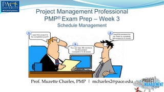 Project Management Professional
PMP® Exam Prep – Week 3
Schedule Management
Prof. Muzette Charles, PMP | mcharles2@pace.edu
 