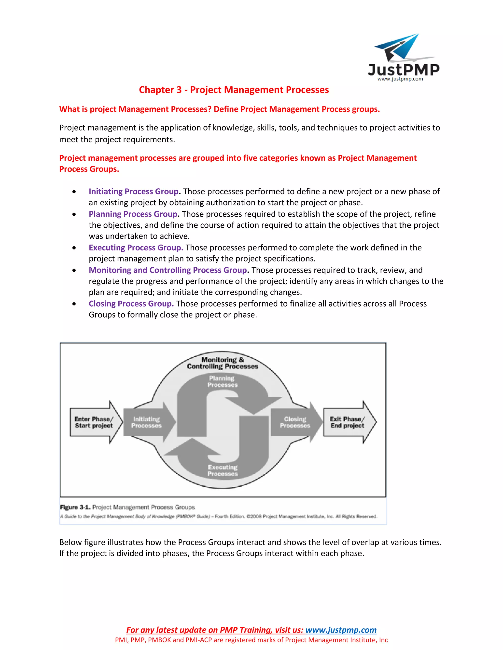 For any latest update on PMP Training, visit us: www.justpmp.com
PMI, PMP, PMBOK and PMI-ACP are registered marks of Project Management Institute, Inc
Chapter 3 - Project Management Processes
What is project Management Processes? Define Project Management Process groups.
Project management is the application of knowledge, skills, tools, and techniques to project activities to
meet the project requirements.
Project management processes are grouped into five categories known as Project Management
Process Groups.
 Initiating Process Group. Those processes performed to define a new project or a new phase of
an existing project by obtaining authorization to start the project or phase.
 Planning Process Group. Those processes required to establish the scope of the project, refine
the objectives, and define the course of action required to attain the objectives that the project
was undertaken to achieve.
 Executing Process Group. Those processes performed to complete the work defined in the
project management plan to satisfy the project specifications.
 Monitoring and Controlling Process Group. Those processes required to track, review, and
regulate the progress and performance of the project; identify any areas in which changes to the
plan are required; and initiate the corresponding changes.
 Closing Process Group. Those processes performed to finalize all activities across all Process
Groups to formally close the project or phase.
Below figure illustrates how the Process Groups interact and shows the level of overlap at various times.
If the project is divided into phases, the Process Groups interact within each phase.
 