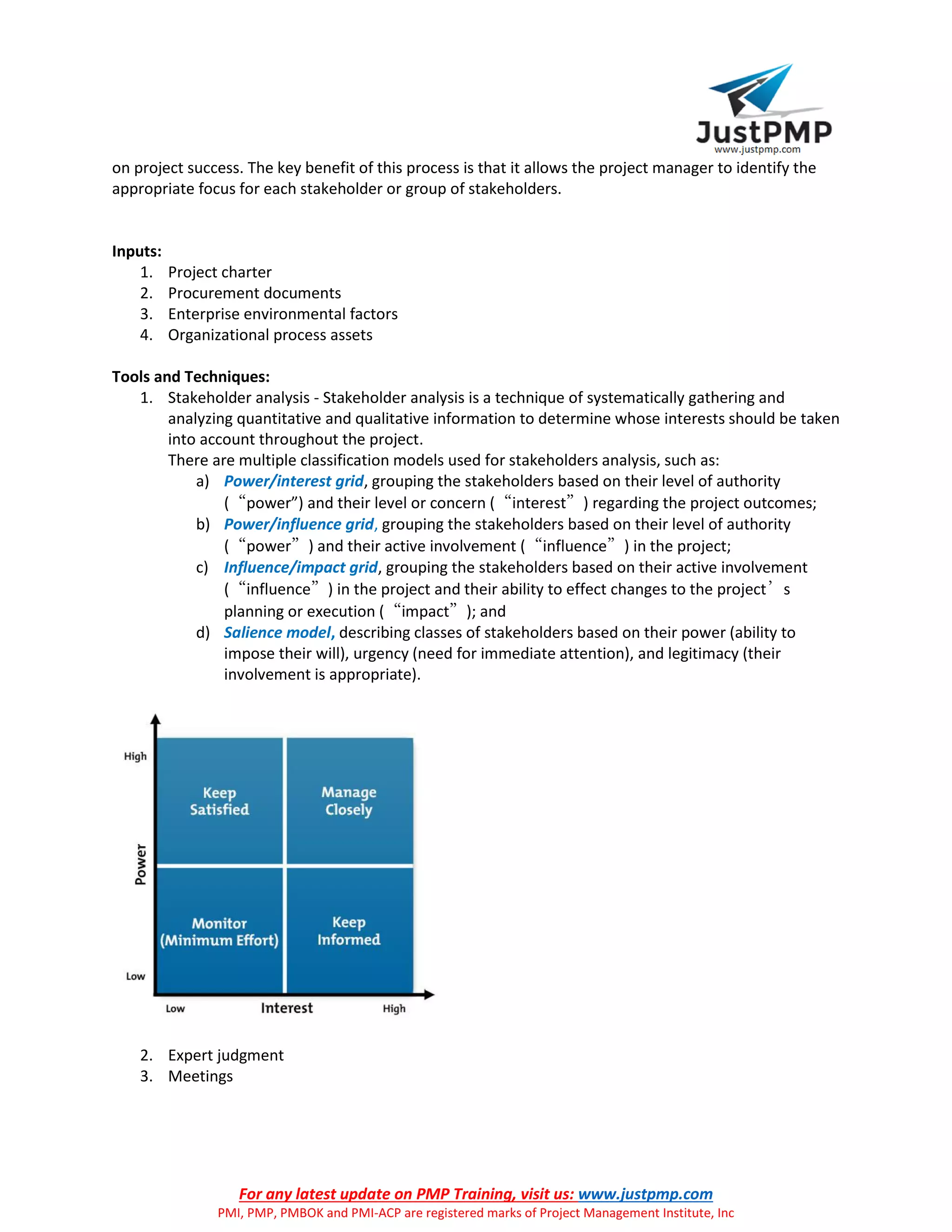 For any latest update on PMP Training, visit us: www.justpmp.com
PMI, PMP, PMBOK and PMI-ACP are registered marks of Project Management Institute, Inc
on project success. The key benefit of this process is that it allows the project manager to identify the
appropriate focus for each stakeholder or group of stakeholders.
Inputs:
1. Project charter
2. Procurement documents
3. Enterprise environmental factors
4. Organizational process assets
Tools and Techniques:
1. Stakeholder analysis - Stakeholder analysis is a technique of systematically gathering and
analyzing quantitative and qualitative information to determine whose interests should be taken
into account throughout the project.
There are multiple classification models used for stakeholders analysis, such as:
a) Power/interest grid, grouping the stakeholders based on their level of authority
(“power”) and their level or concern (“interest”) regarding the project outcomes;
b) Power/influence grid, grouping the stakeholders based on their level of authority
(“power”) and their active involvement (“influence”) in the project;
c) Influence/impact grid, grouping the stakeholders based on their active involvement
(“influence”) in the project and their ability to effect changes to the project’s
planning or execution (“impact”); and
d) Salience model, describing classes of stakeholders based on their power (ability to
impose their will), urgency (need for immediate attention), and legitimacy (their
involvement is appropriate).
2. Expert judgment
3. Meetings
 