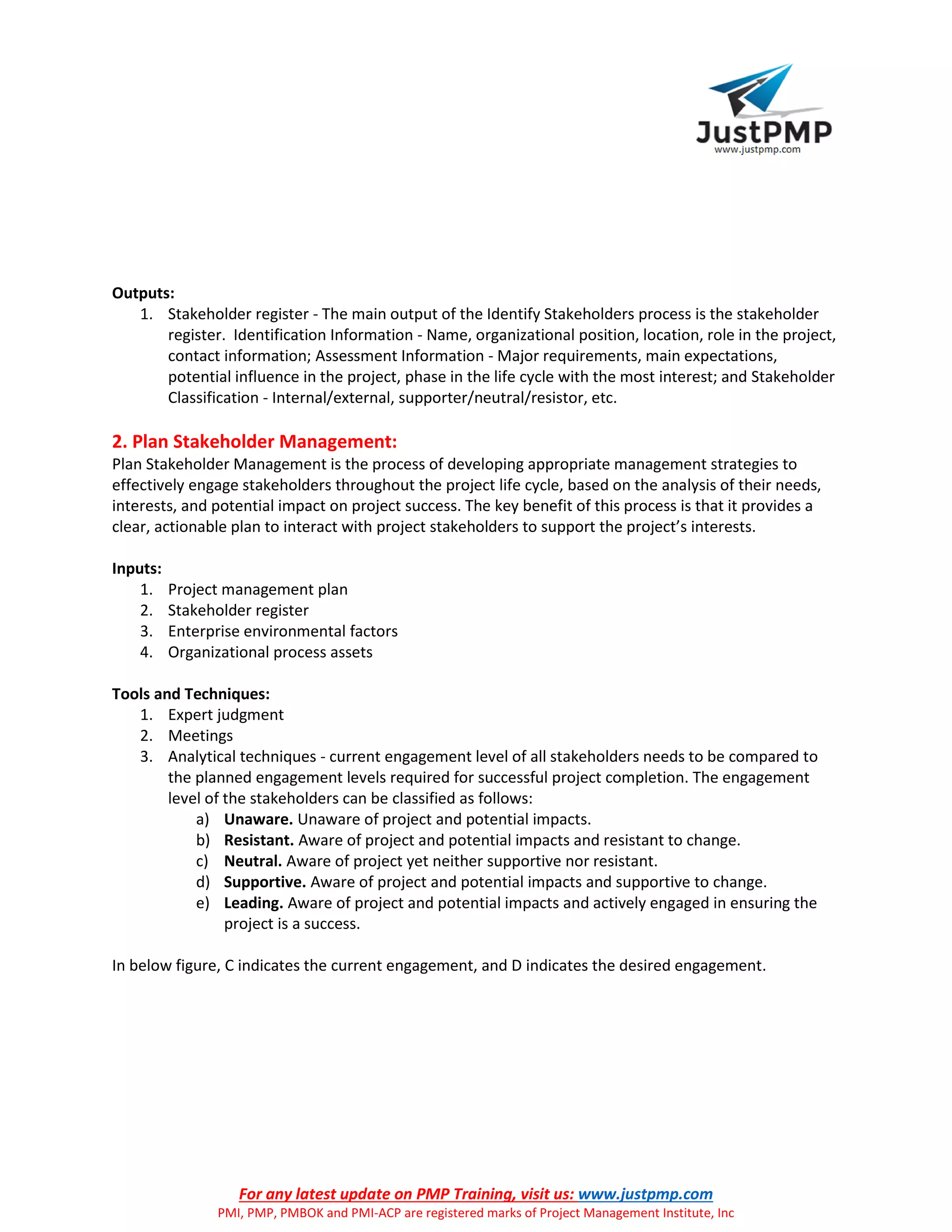 For any latest update on PMP Training, visit us: www.justpmp.com
PMI, PMP, PMBOK and PMI-ACP are registered marks of Project Management Institute, Inc
Outputs:
1. Stakeholder register - The main output of the Identify Stakeholders process is the stakeholder
register. Identification Information - Name, organizational position, location, role in the project,
contact information; Assessment Information - Major requirements, main expectations,
potential influence in the project, phase in the life cycle with the most interest; and Stakeholder
Classification - Internal/external, supporter/neutral/resistor, etc.
2. Plan Stakeholder Management:
Plan Stakeholder Management is the process of developing appropriate management strategies to
effectively engage stakeholders throughout the project life cycle, based on the analysis of their needs,
interests, and potential impact on project success. The key benefit of this process is that it provides a
clear, actionable plan to interact with project stakeholders to support the project’s interests.
Inputs:
1. Project management plan
2. Stakeholder register
3. Enterprise environmental factors
4. Organizational process assets
Tools and Techniques:
1. Expert judgment
2. Meetings
3. Analytical techniques - current engagement level of all stakeholders needs to be compared to
the planned engagement levels required for successful project completion. The engagement
level of the stakeholders can be classified as follows:
a) Unaware. Unaware of project and potential impacts.
b) Resistant. Aware of project and potential impacts and resistant to change.
c) Neutral. Aware of project yet neither supportive nor resistant.
d) Supportive. Aware of project and potential impacts and supportive to change.
e) Leading. Aware of project and potential impacts and actively engaged in ensuring the
project is a success.
In below figure, C indicates the current engagement, and D indicates the desired engagement.
 