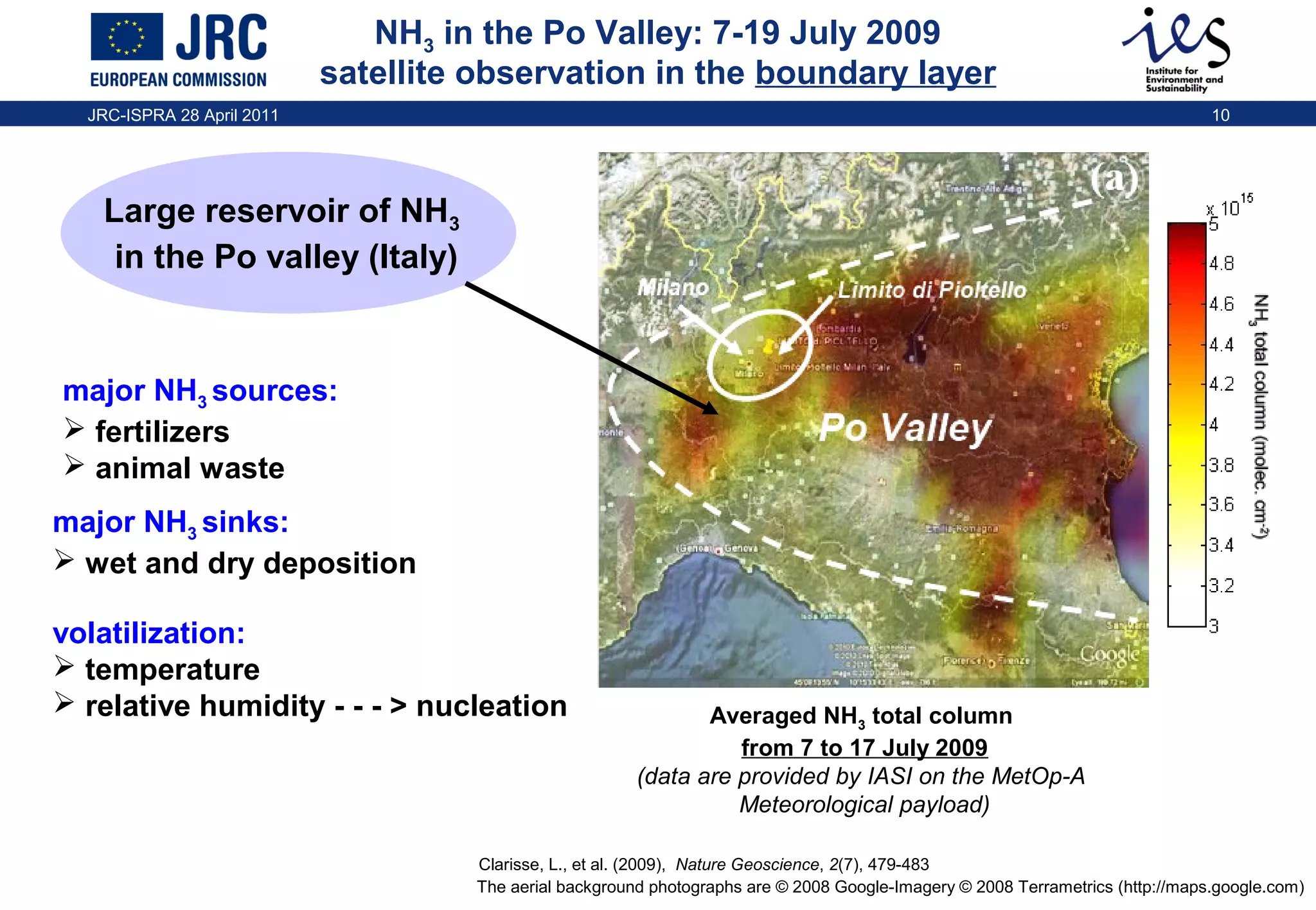 NH3 in the Po Valley: 7-19 July 2009
satellite observation in the boundary layer
JRC-ISPRA 28 April 2011

10

Large reservoir of NH3
in the Po valley (Italy)
Milano

major NH3 sources:
 fertilizers
 animal waste

Limito di Pioltello

Po Valley

major NH3 sinks:
 wet and dry deposition
volatilization:
 temperature
 relative humidity - - - > nucleation

Averaged NH3 total column
from 7 to 17 July 2009
(data are provided by IASI on the MetOp-A
Meteorological payload)

Clarisse, L., et al. (2009), Nature Geoscience, 2(7), 479-483
The aerial background photographs are © 2008 Google-Imagery © 2008 Terrametrics (http://maps.google.com)

 