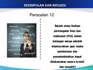 www.themegallery.com
KESIMPULAN DAN REFLEKSI
Sejauh mana budaya
perkongsian ilmu dan
maklumat (PLC) dalam
kalangan warga sekolah
disemarakkan agar usaha
pembetulan dan
penambahbaikan dapat
dilaksanakan secara kreatif
dan inovatif?
Persoalan 12
 