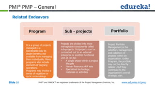 PMP® and PMBOK ® are registered trademarks of the Project Management Institute, Inc. www.edureka.in/pmp
Slide 16
PMI® PMP – General
Program
It is a group of projects
managed in a
coordinated way to
obtain benefits not
available from managing
them individually. Many
programs also include
elements of ongoing
operations.
Programs may involve a
series of repetitive or
cyclic undertakings
Sub - projects
Projects are divided into more
manageable components called
sub-projects. Subprojects can be
contracted out to an external
enterprise or another functional
unit. It can be:
• A single phase within a project
lifecycle
• Human Resource skill sets
• Specialized technology,
materials or activities
Project Portfolio
Management is the
selection, management
and collection of
projects within an
organization. Unlike
Program, the portfolio
may not be directly
related , but they
contribute to the
organization’s overall
strategic plan.
Portfolio
Related Endeavors
 