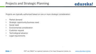 PMP® and PMBOK ® are registered trademarks of the Project Management Institute, Inc. www.edureka.in/pmp
Slide 17
Projects and Strategic Planning
Projects are typically authorized based on one or more strategic consideration:
• Market demand
• Strategic opportunity/business need
• Social need
• Environmental consideration
• Customer request
• Technological advance
• Legal requirements
 