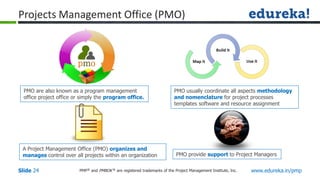 PMP® and PMBOK ® are registered trademarks of the Project Management Institute, Inc. www.edureka.in/pmp
Slide 24
PMO provide support to Project Managers
PMO are also known as a program management
office project office or simply the program office.
PMO usually coordinate all aspects methodology
and nomenclature for project processes
templates software and resource assignment
A Project Management Office (PMO) organizes and
manages control over all projects within an organization
pmo
Projects Management Office (PMO)
 