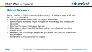 PMP® and PMBOK ® are registered trademarks of the Project Management Institute, Inc. www.edureka.in/pmp
Slide 25
Primary function of PMO is to support project managers in variety of ways, which may
include, but not limited to:
 Managing shared resources across the projects administered
 Identifying and developing project management methodology, best practices and
standards
 Coaching, Mentoring, Training and Oversight
 Monitoring compliance with PM Standards, policies, procedures and templates
through audits
 Developing and managing project policies, procedures, templates and other shared
documentation
 Coordinating communication across projects
PMI® PMP – General
Related Endeavors
 