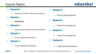 PMP® and PMBOK ® are registered trademarks of the Project Management Institute, Inc. www.edureka.in/pmp
Slide 3
Course Topics
 Module 0
 Introduction to PMI® certification Prep Course
 Module 1
 Introduction
 Module 2
 Organizational Influences and Project Life Cycle
 Module 3
 Project Management Processes
 Module 4
 Project Integration Management
 Module 5
 Project Scope Management
 Module 6
 Project Time Management
 Module 7
 Project Cost Management
 Module 8
 Project Quality Management
 