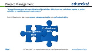 PMP® and PMBOK ® are registered trademarks of the Project Management Institute, Inc. www.edureka.in/pmp
Slide 9
“Project Management is the combination of knowledge, skills, tools and techniques applied to project
activities to meet the project requirements.”
Project Management also needs generic management skills and professional skills.
Management
Skills
Management
Skills
Professionals
Skills
Project Management
 