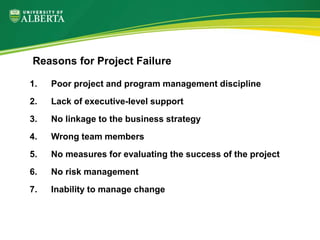 1. Poor project and program management discipline
2. Lack of executive-level support
3. No linkage to the business strategy
4. Wrong team members
5. No measures for evaluating the success of the project
6. No risk management
7. Inability to manage change
Reasons for Project Failure
 
