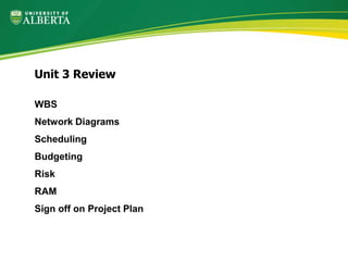 WBS
Network Diagrams
Scheduling
Budgeting
Risk
RAM
Sign off on Project Plan
Unit 3 Review
 