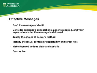 • Draft the message and edit
• Consider audience’s expectations, actions required, and your
expectations after the message is delivered
• Justify the choice of delivery method
• Identify the issue, context or opportunity of interest first
• Make required actions clear and specific
• Be concise
Effective Messages
 
