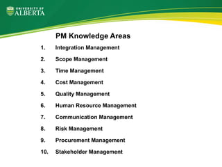 1. Integration Management
2. Scope Management
3. Time Management
4. Cost Management
5. Quality Management
6. Human Resource Management
7. Communication Management
8. Risk Management
9. Procurement Management
10. Stakeholder Management
PM Knowledge Areas
 