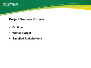 • On time
• Within budget
• Satisfied Stakeholders
Project Success Criteria
 