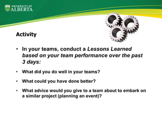 • In your teams, conduct a Lessons Learned
based on your team performance over the past
3 days:
• What did you do well in your teams?
• What could you have done better?
• What advice would you give to a team about to embark on
a similar project (planning an event)?
Activity
 