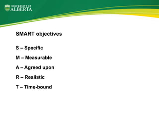 S – Specific
M – Measurable
A – Agreed upon
R – Realistic
T – Time-bound
SMART objectives
 