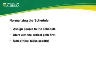 • Assign people to the schedule
• Start with the critical path first
• Non-critical tasks second
Normalizing the Schedule
 