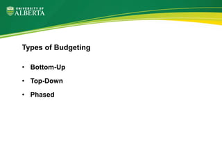 • Bottom-Up
• Top-Down
• Phased
Types of Budgeting
 