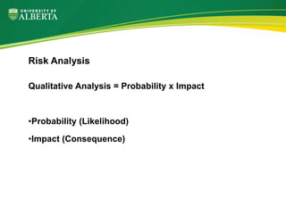 Qualitative Analysis = Probability x Impact
•Probability (Likelihood)
•Impact (Consequence)
Risk Analysis
 
