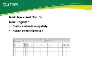 Risk Register
• Review and update regularly
• Assign ownership to risk
Risk Track and Control
 