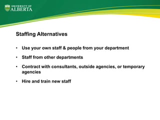 • Use your own staff & people from your department
• Staff from other departments
• Contract with consultants, outside agencies, or temporary
agencies
• Hire and train new staff
Staffing Alternatives
 